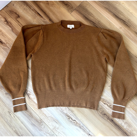 Böhme Puff Sleeve Knit Sweater Camel Tan Balloon Sleeve Stripe Cuff Medium - Picture 1 of 7
